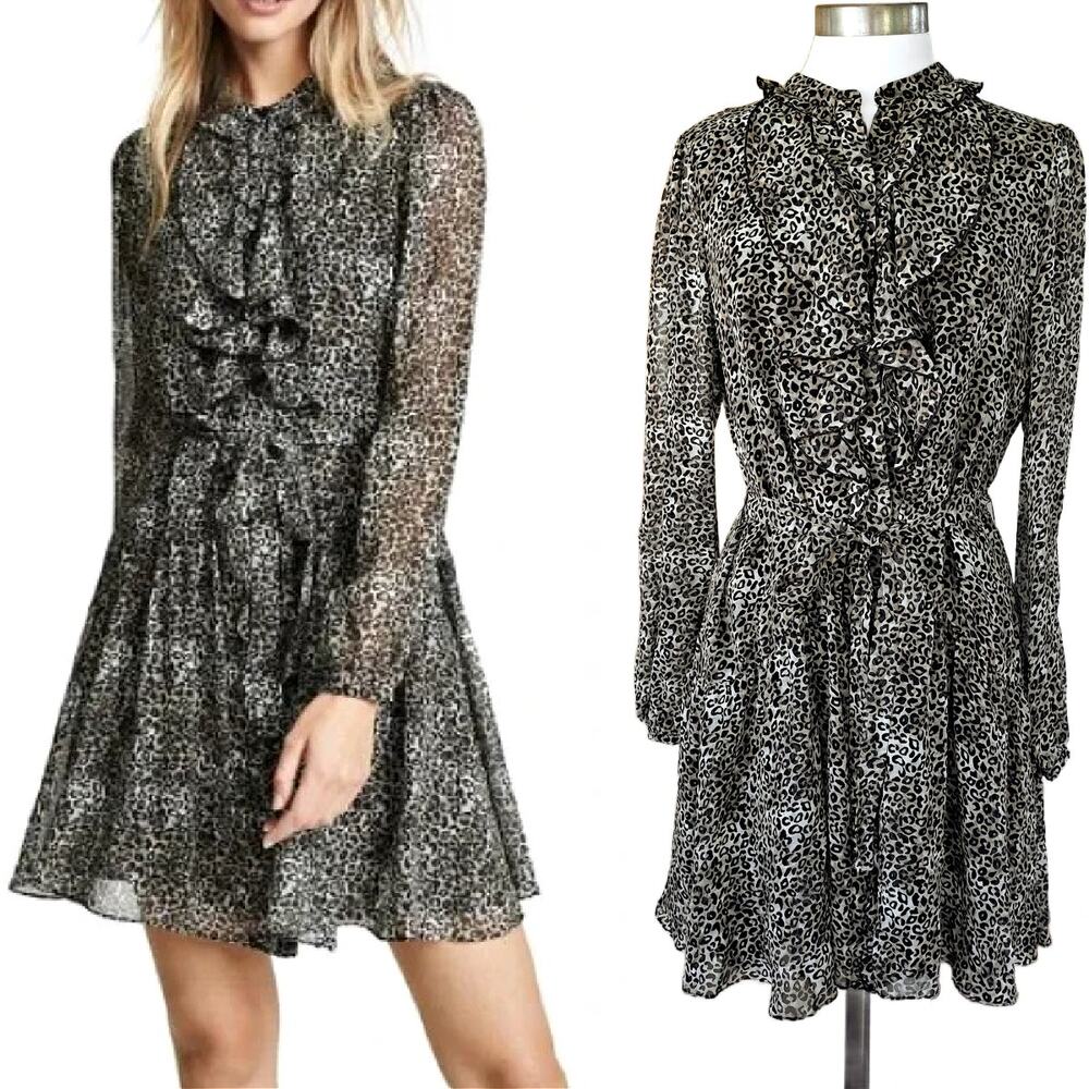 SALONI Tilly Ruffled Silk Leopard Print Mini Dress Size 8 Chiffon Work Party